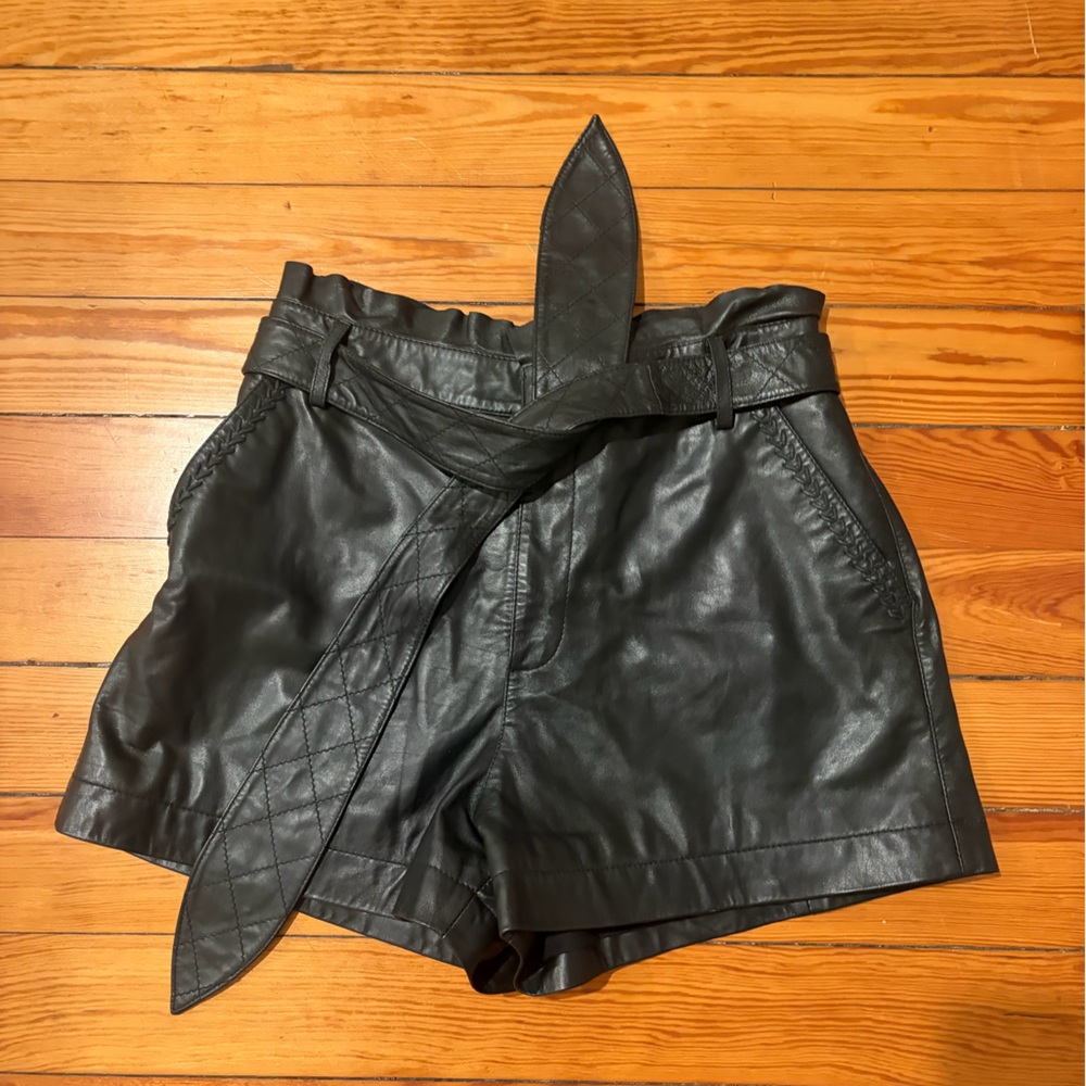 Cleobella Black High-Waist Quilted-Belt Leather Shorts